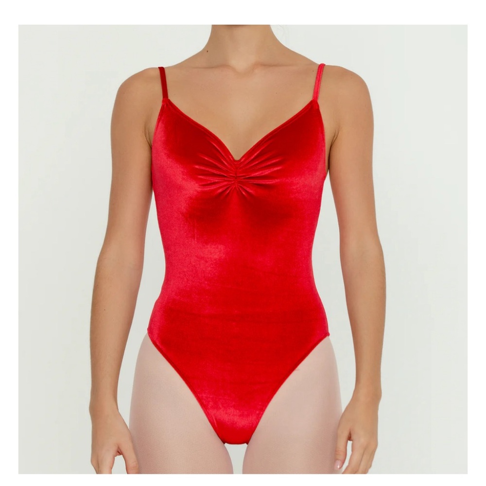 Bullet Pointe Pinch Front Velvet Leotard- Wild Red